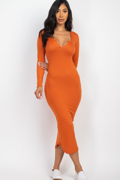 [$3/piece] Split Neck Long Sleeve Midi Dress