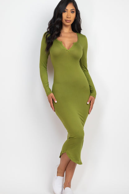 [$3/piece] Split Neck Long Sleeve Midi Dress