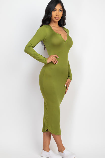 [$3/piece] Split Neck Long Sleeve Midi Dress