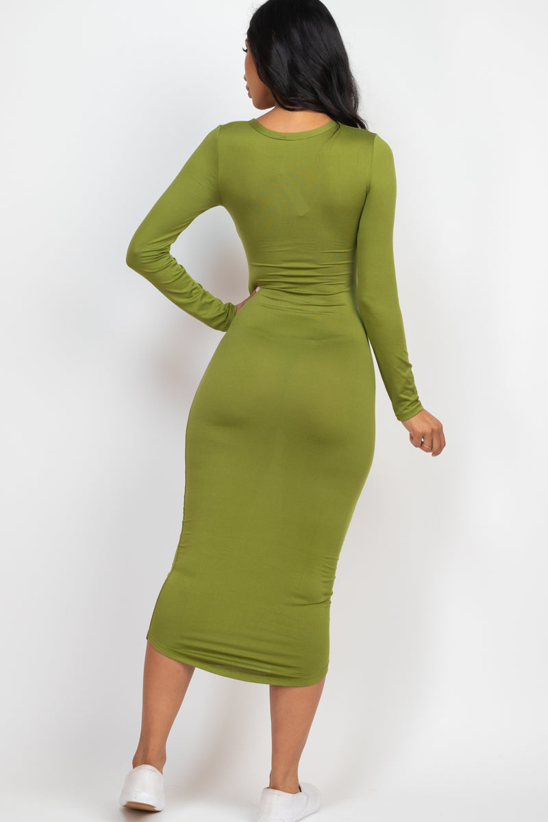 [$3/piece] Split Neck Long Sleeve Midi Dress