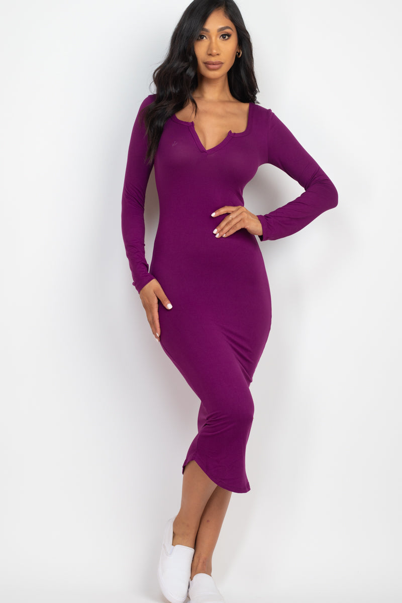 [$3/piece] Split Neck Long Sleeve Midi Dress