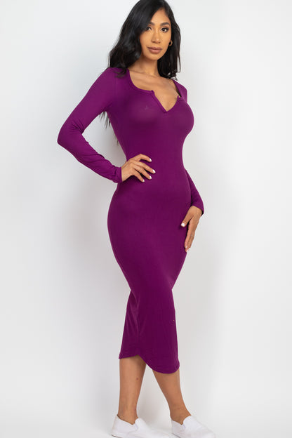 [$3/piece] Split Neck Long Sleeve Midi Dress