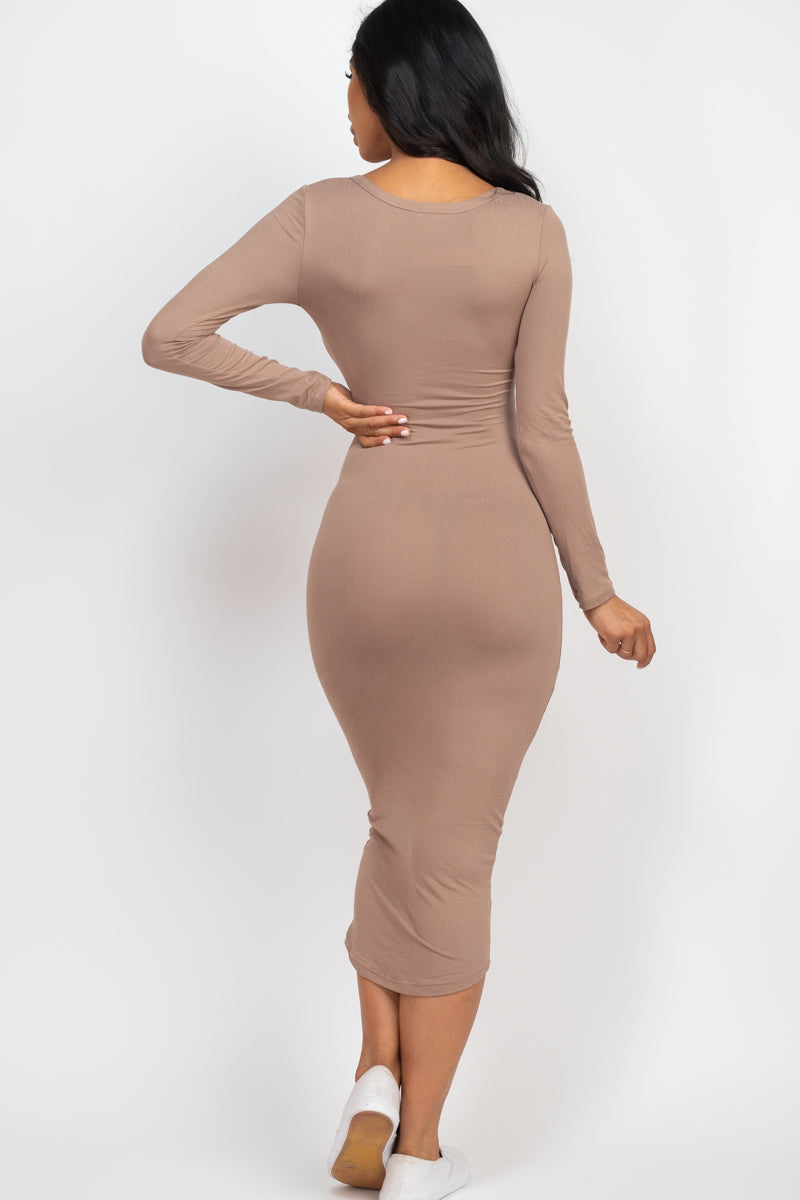 [$3/piece] Split Neck Long Sleeve Midi Dress