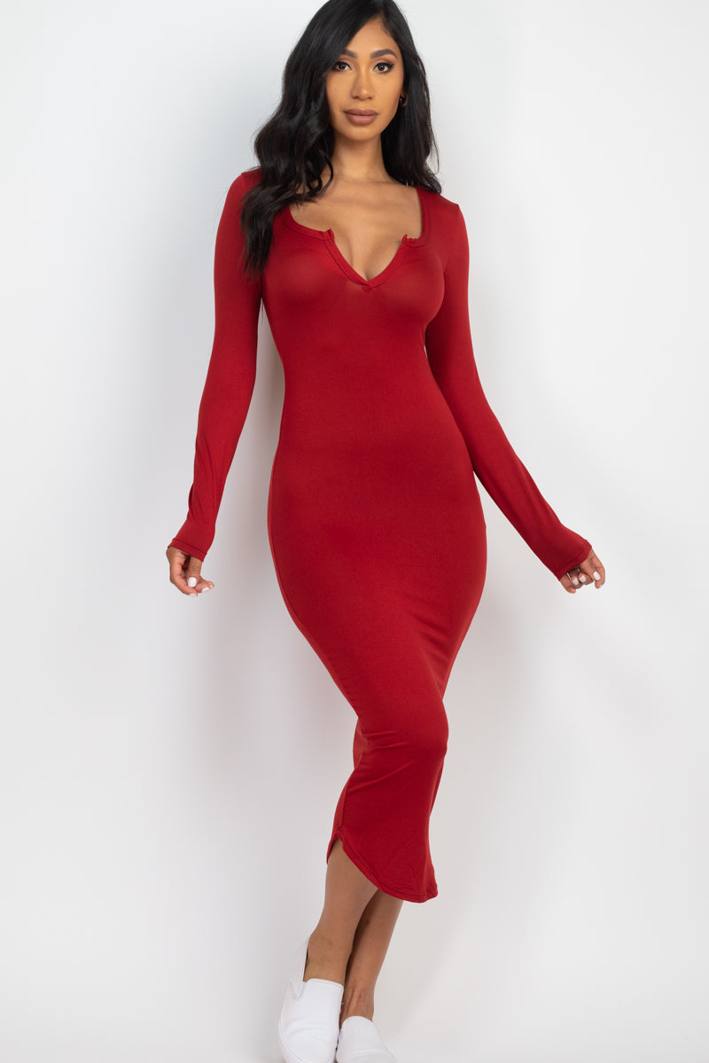 [$3/piece] Split Neck Long Sleeve Midi Dress