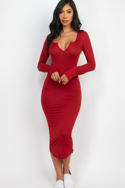 [$3/piece] Split Neck Long Sleeve Midi Dress