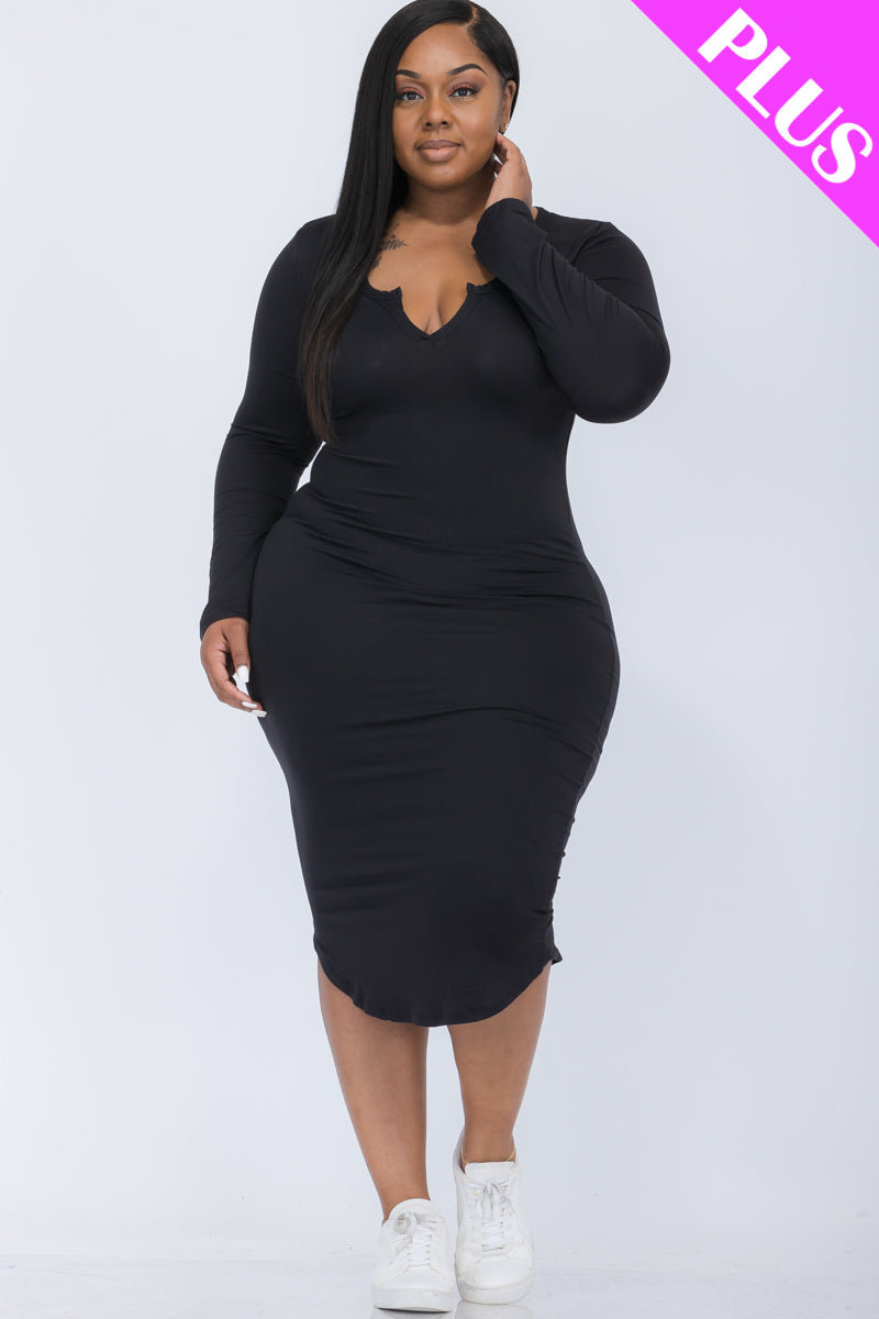 [$5/piece] Plus Size Split Neck Long Sleeve Midi Dress