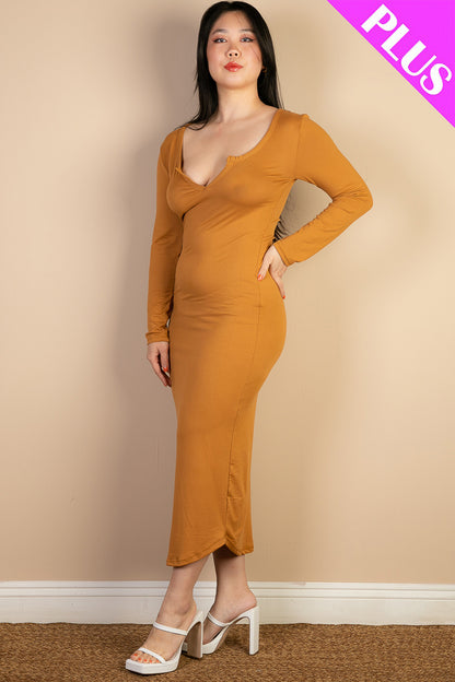 [$5/piece] Plus Size Split Neck Long Sleeve Midi Dress