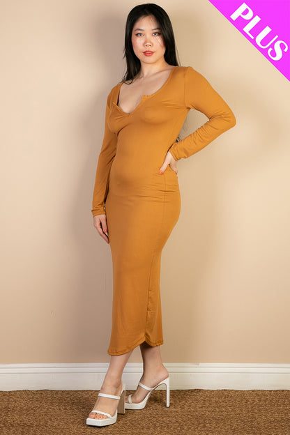 [$5/piece] Plus Size Split Neck Long Sleeve Midi Dress