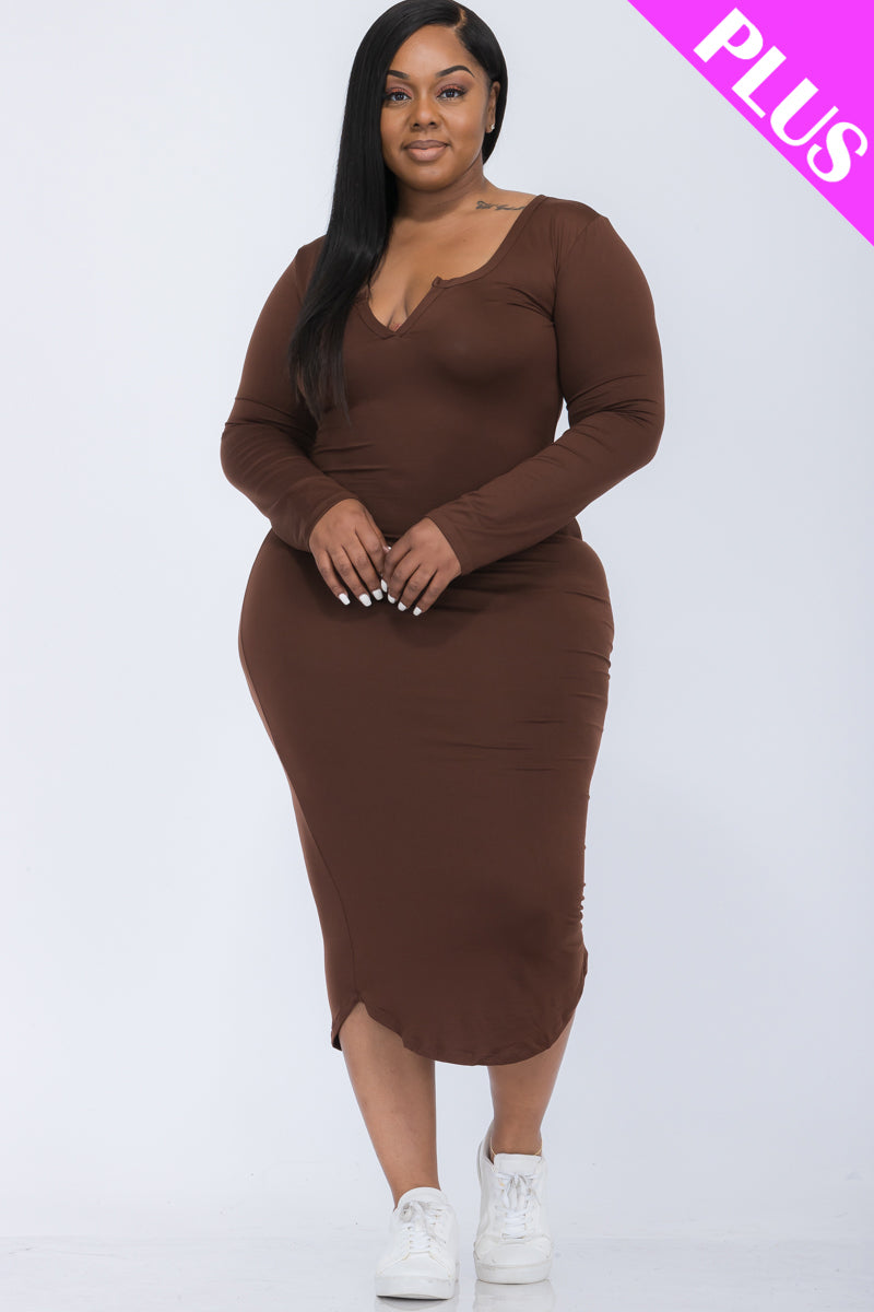 [$5/piece] Plus Size Split Neck Long Sleeve Midi Dress