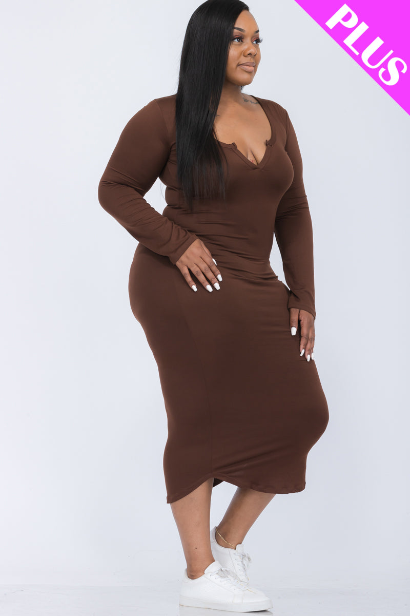 [$5/piece] Plus Size Split Neck Long Sleeve Midi Dress