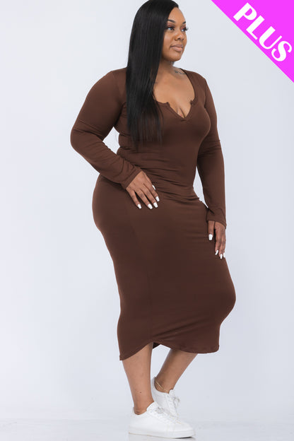 [$5/piece] Plus Size Split Neck Long Sleeve Midi Dress