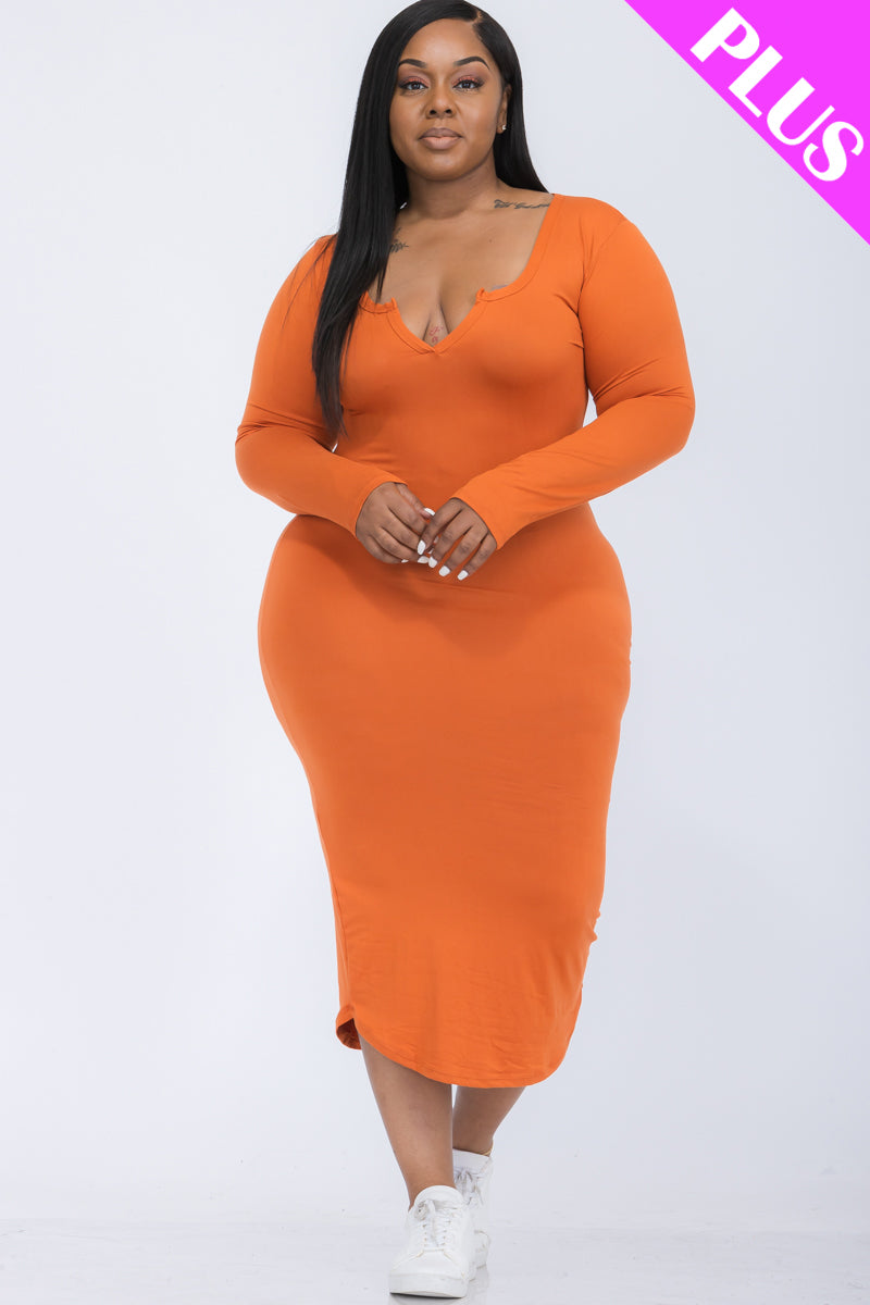 [$5/piece] Plus Size Split Neck Long Sleeve Midi Dress