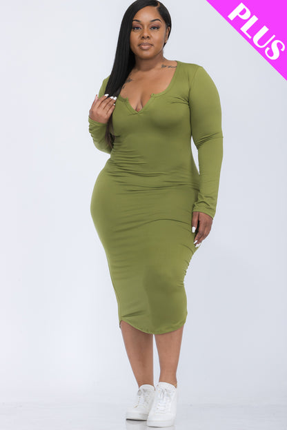 [$5/piece] Plus Size Split Neck Long Sleeve Midi Dress