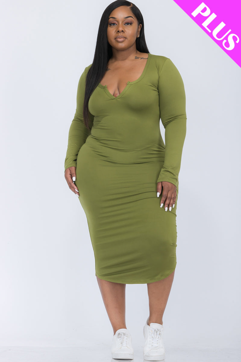 [$5/piece] Plus Size Split Neck Long Sleeve Midi Dress