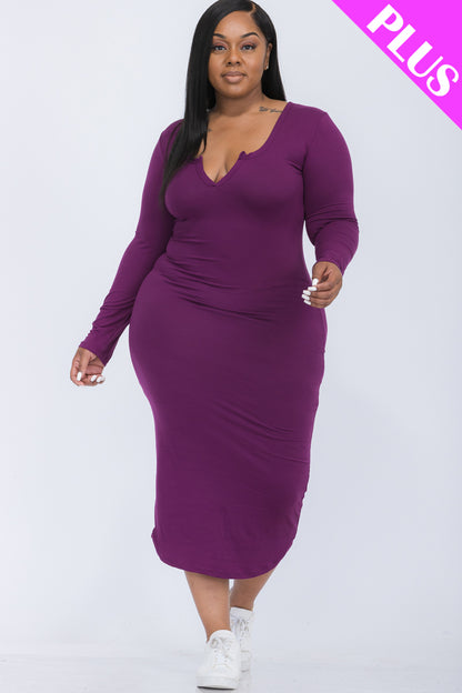 [$5/piece] Plus Size Split Neck Long Sleeve Midi Dress