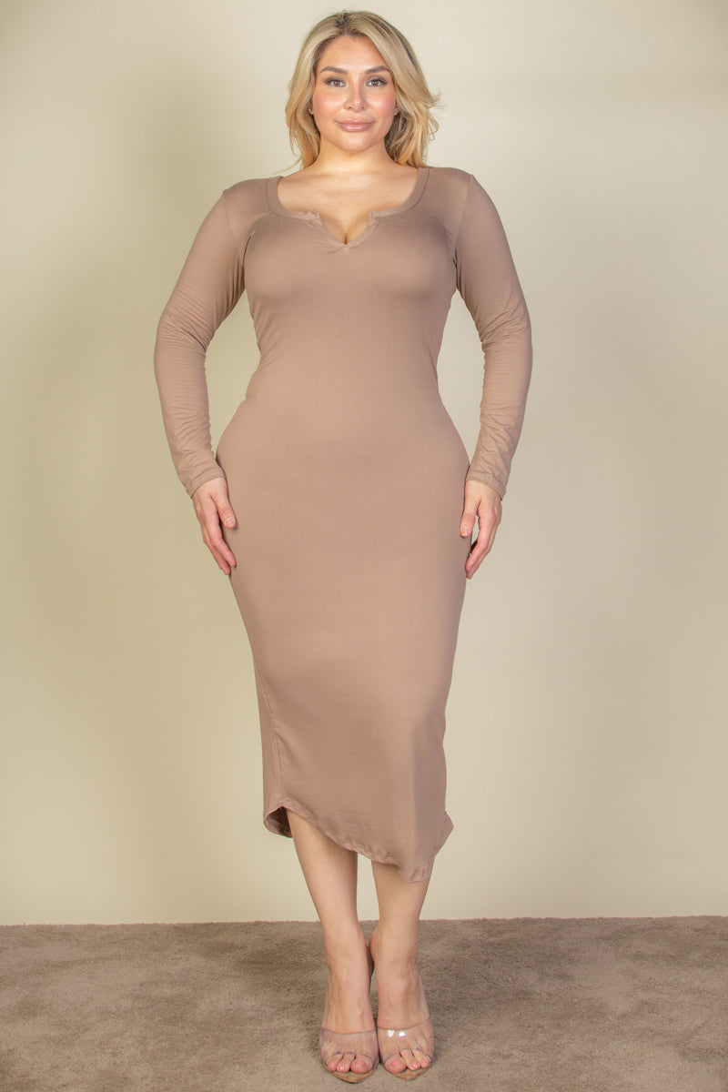 [$5/piece] Plus Size Split Neck Long Sleeve Midi Dress
