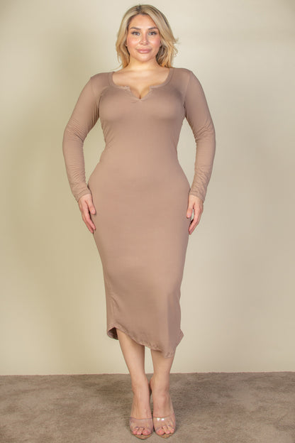 [$5/piece] Plus Size Split Neck Long Sleeve Midi Dress