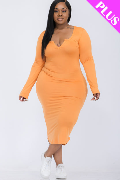 [$5/piece] Plus Size Split Neck Long Sleeve Midi Dress
