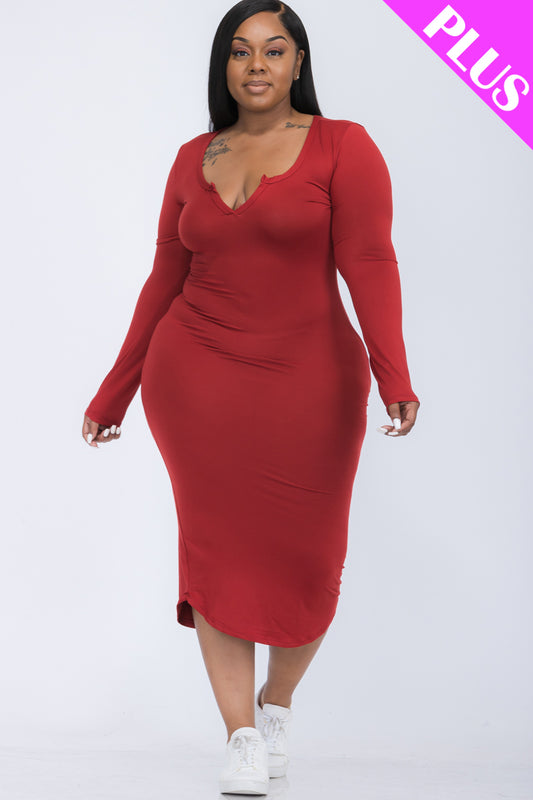 [$5/piece] Plus Size Split Neck Long Sleeve Midi Dress
