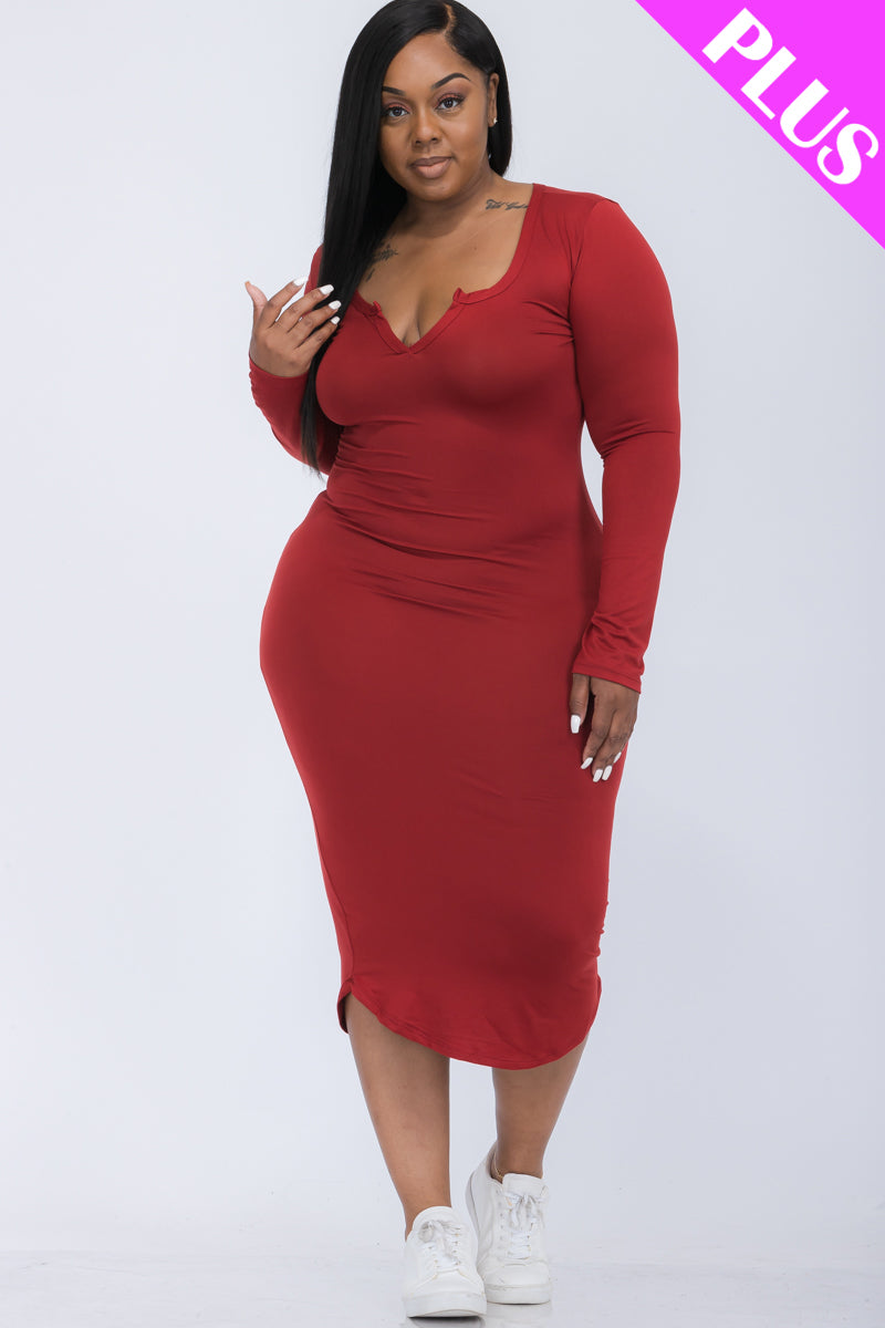 [$5/piece] Plus Size Split Neck Long Sleeve Midi Dress