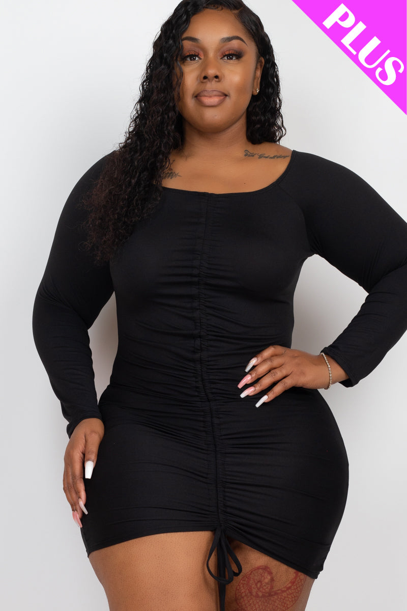 Plus Size Off Shoulder Ruched Drawstring Bodycon Mini Dress - Capella Apparel