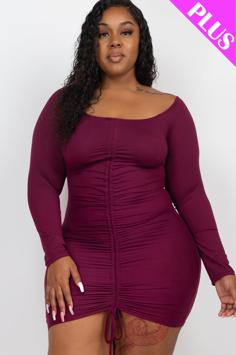 Plus Size Off Shoulder Ruched Drawstring Bodycon Mini Dress - Capella Apparel