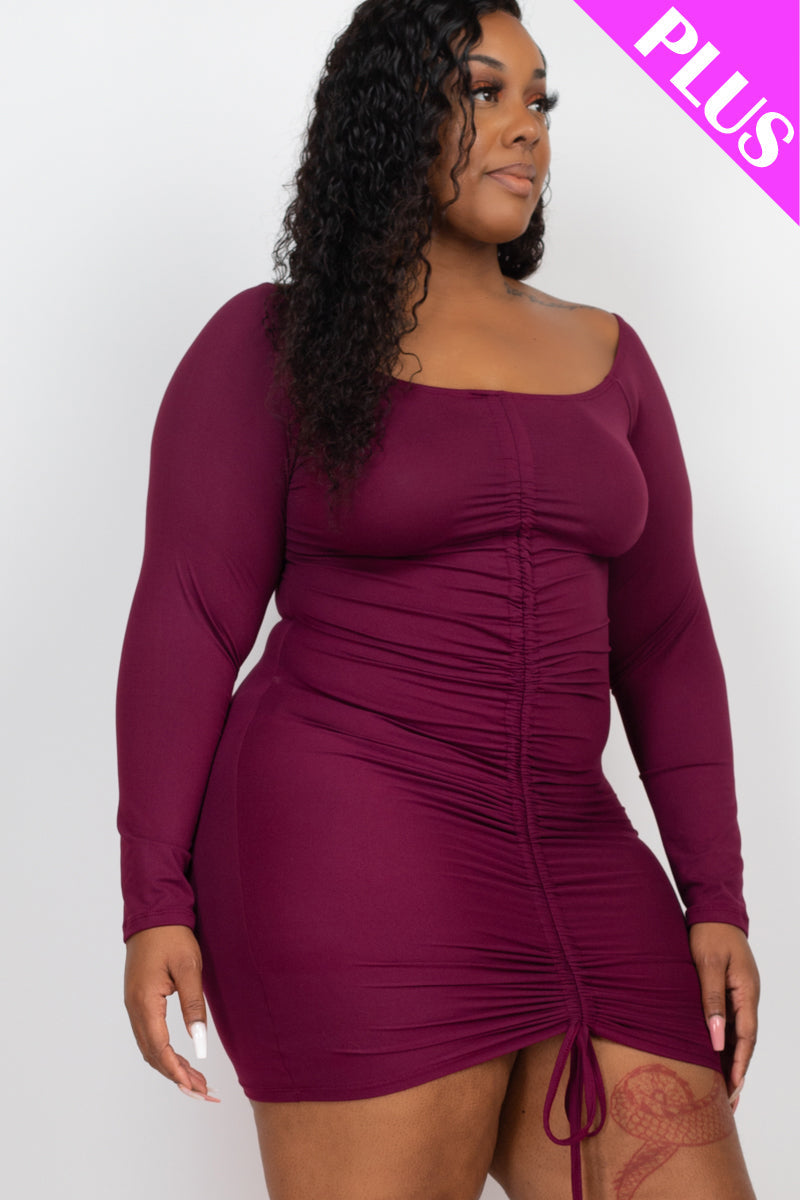 Plus Size Off Shoulder Ruched Drawstring Bodycon Mini Dress - Capella Apparel