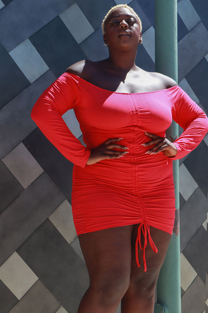 Plus Size Off Shoulder Ruched Drawstring Bodycon Mini Dress - Capella Apparel