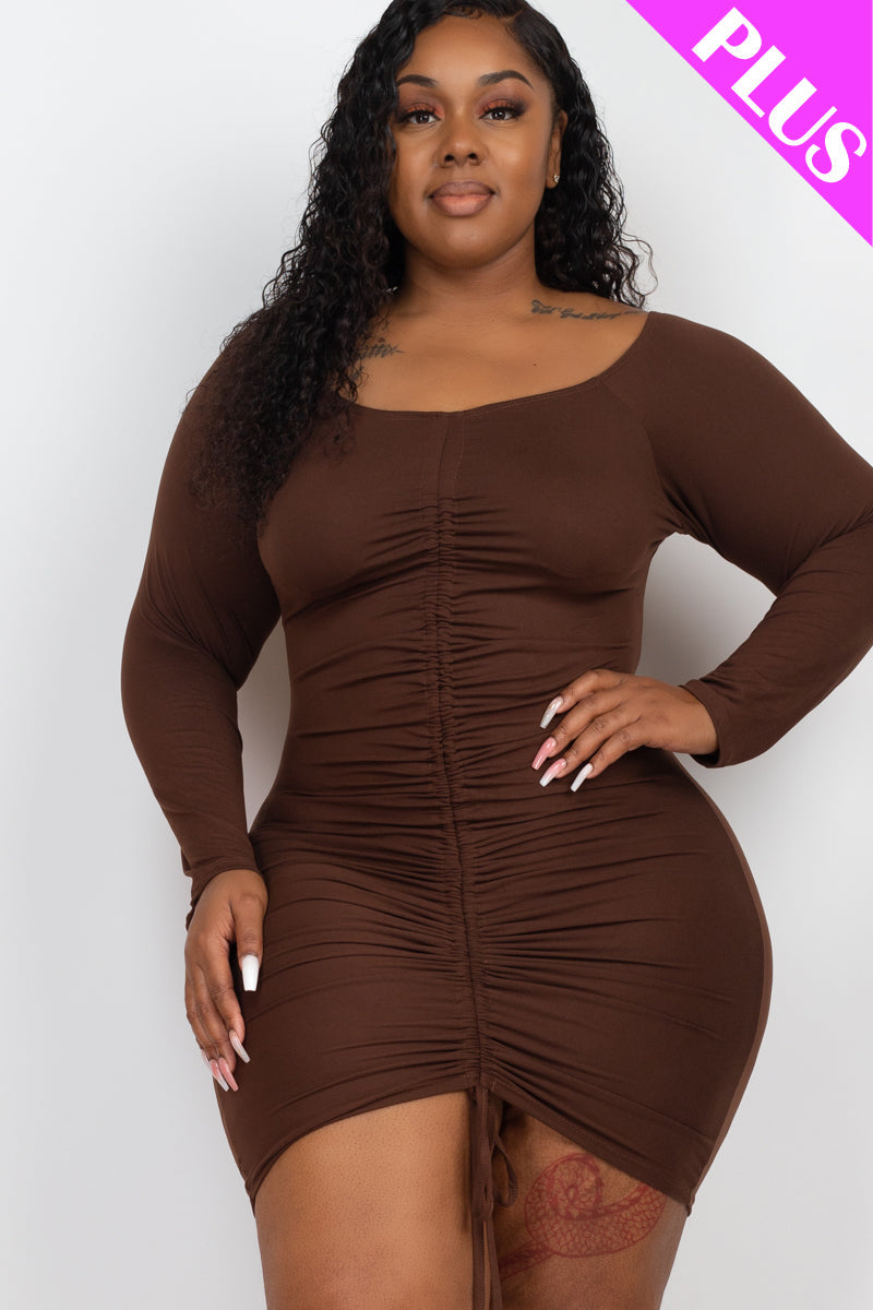 Plus Size Off Shoulder Ruched Drawstring Bodycon Mini Dress - Capella Apparel