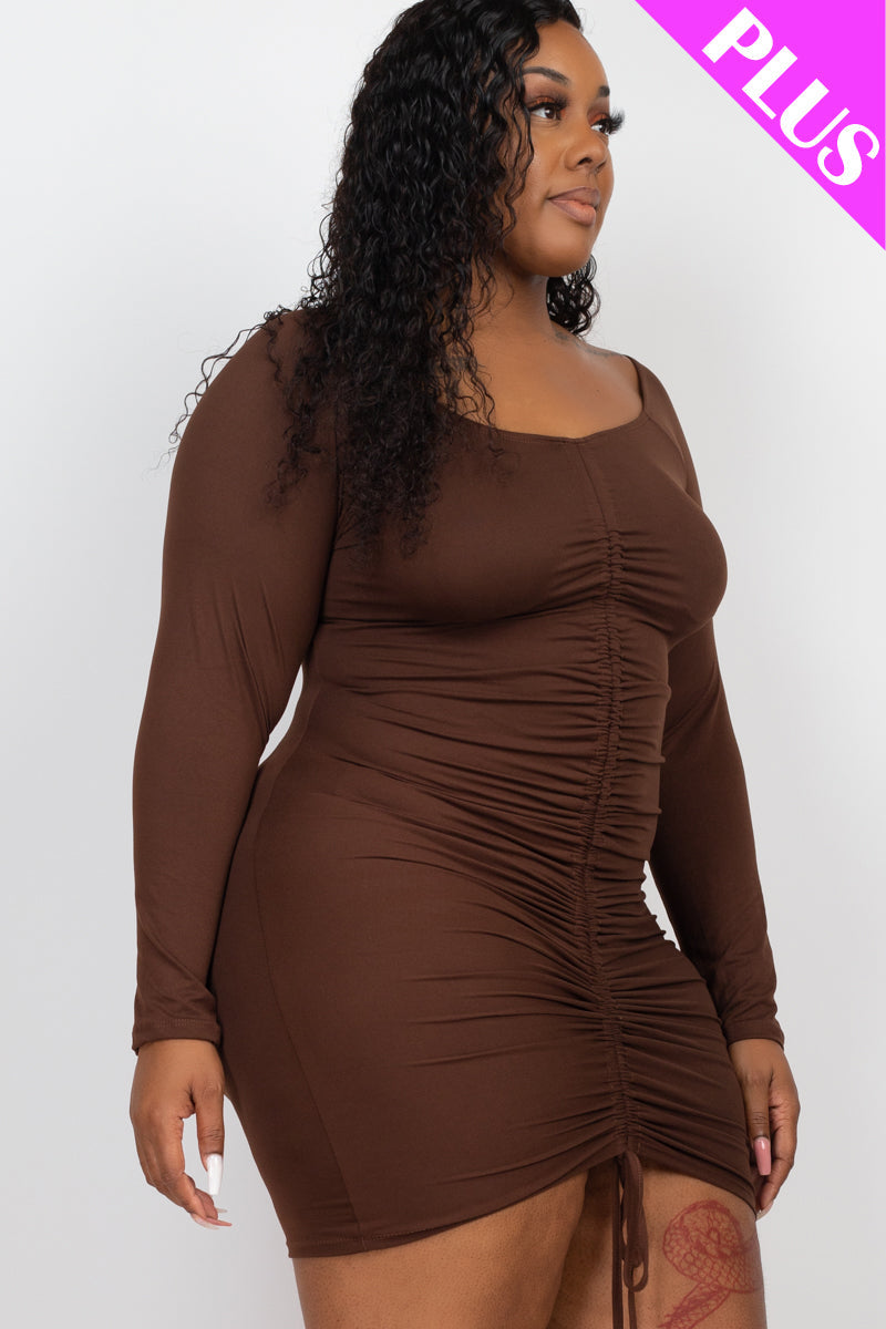 Plus Size Off Shoulder Ruched Drawstring Bodycon Mini Dress - Capella Apparel