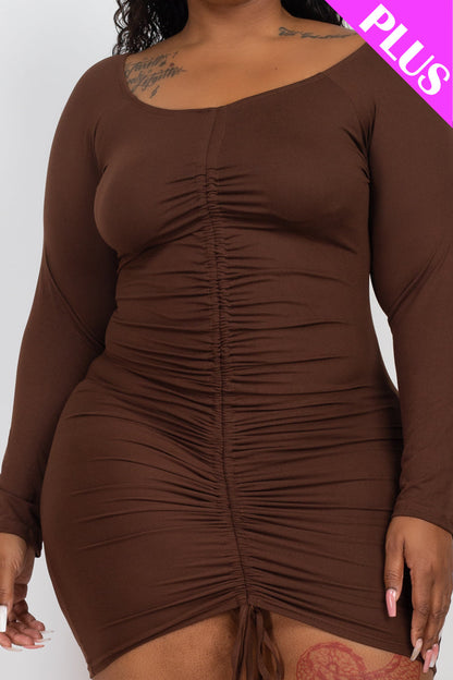 Plus Size Off Shoulder Ruched Drawstring Bodycon Mini Dress - Capella Apparel