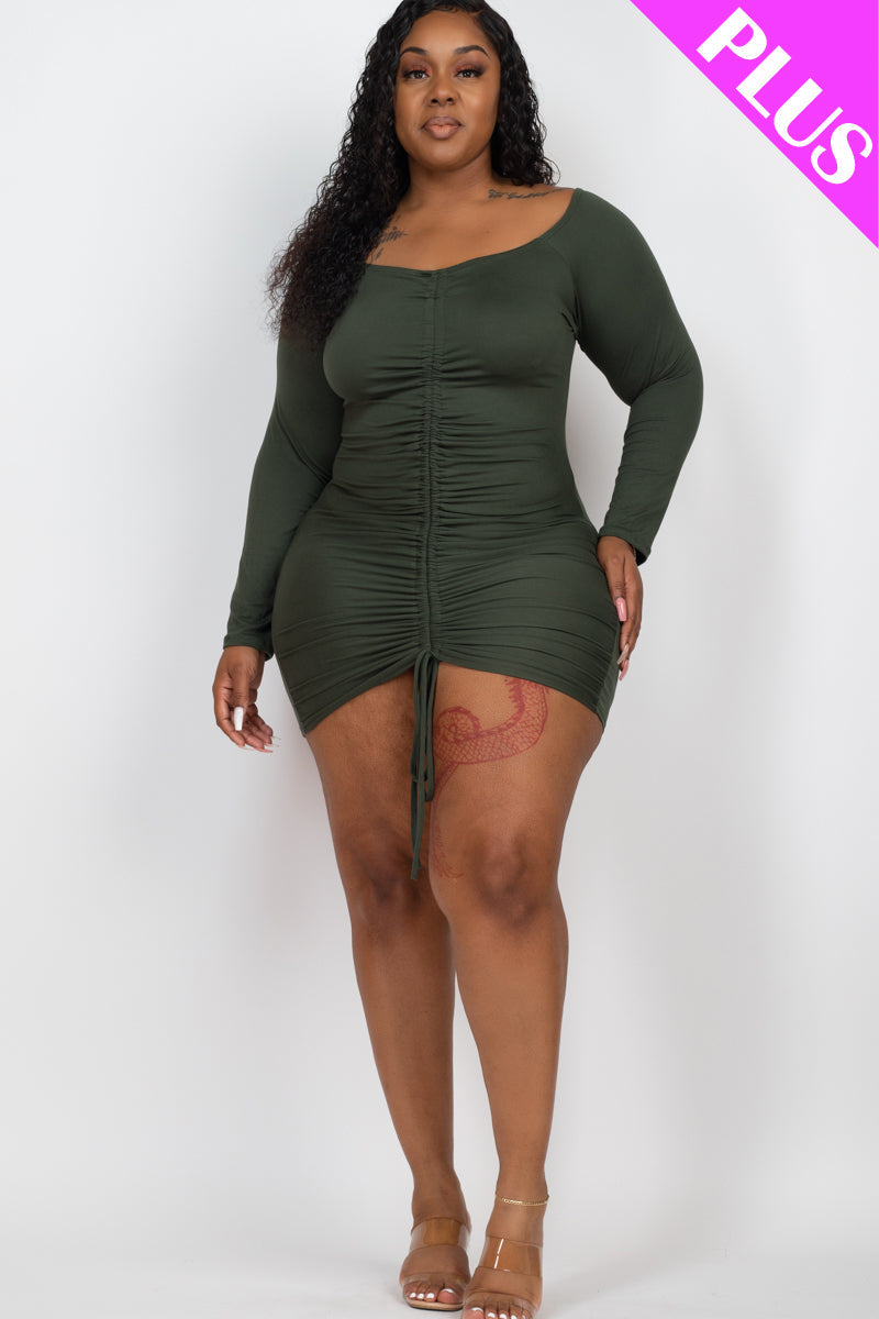 Plus Size Off Shoulder Ruched Drawstring Bodycon Mini Dress - Capella Apparel