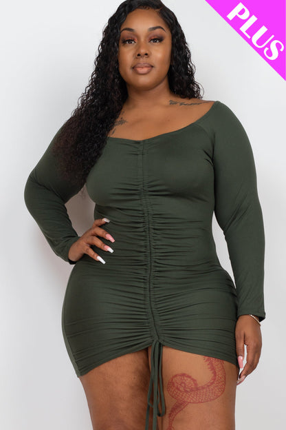 Plus Size Off Shoulder Ruched Drawstring Bodycon Mini Dress - Capella Apparel