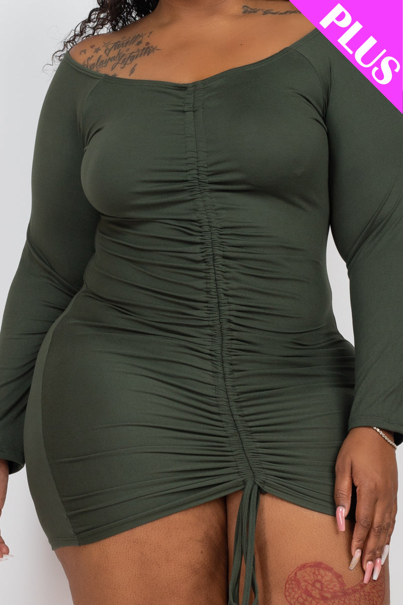 Plus Size Off Shoulder Ruched Drawstring Bodycon Mini Dress - Capella Apparel