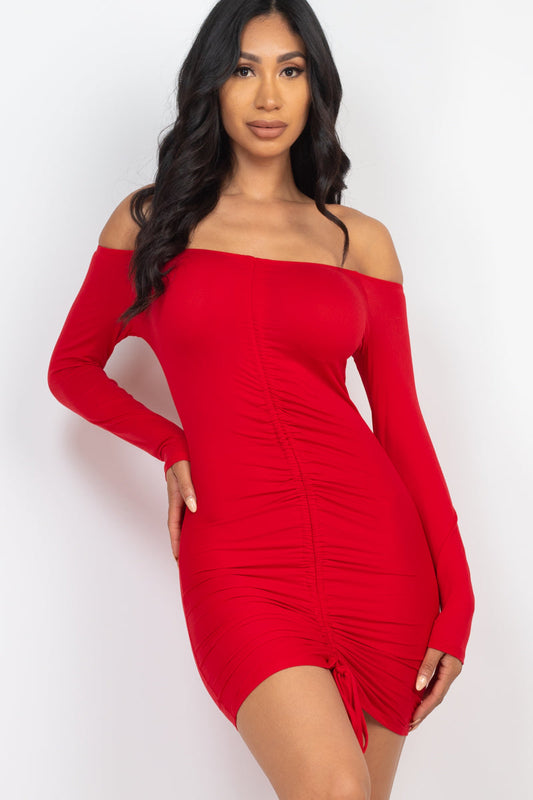 Off Shoulder Ruched Drawstring Bodycon Mini Dress - Capella Apparel