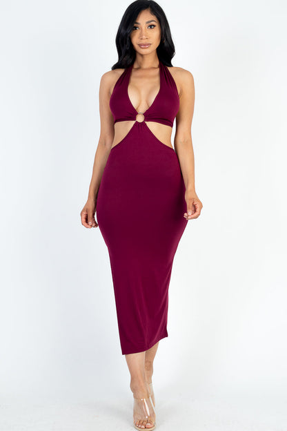 Cut-out Halter Neck Double Back Tie Split Thigh Midi Dress - Capella Apparel