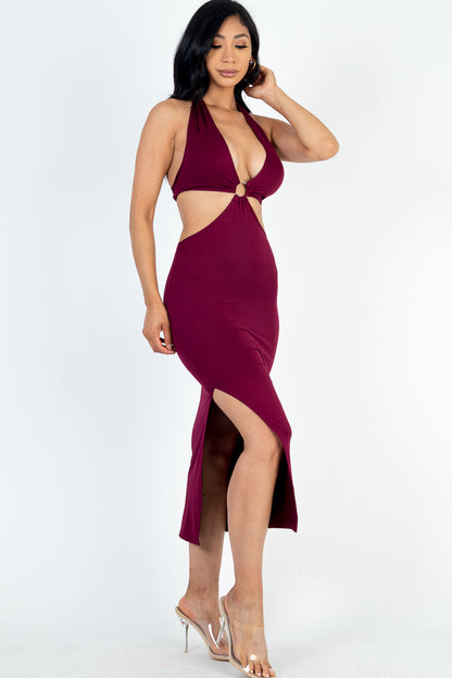 Cut-out Halter Neck Double Back Tie Split Thigh Midi Dress - Capella Apparel