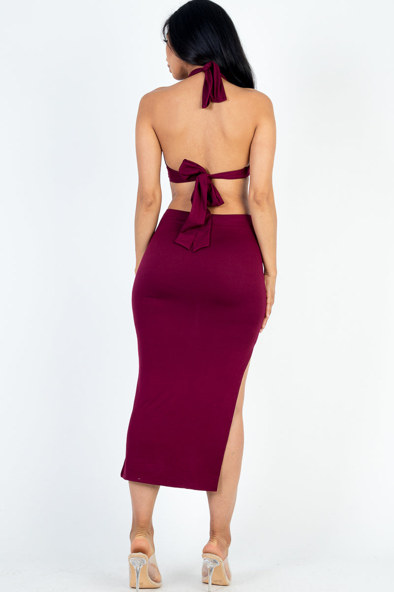 Cut-out Halter Neck Double Back Tie Split Thigh Midi Dress - Capella Apparel