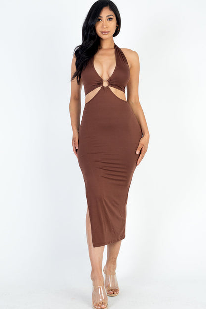 Cut-out Halter Neck Double Back Tie Split Thigh Midi Dress - Capella Apparel