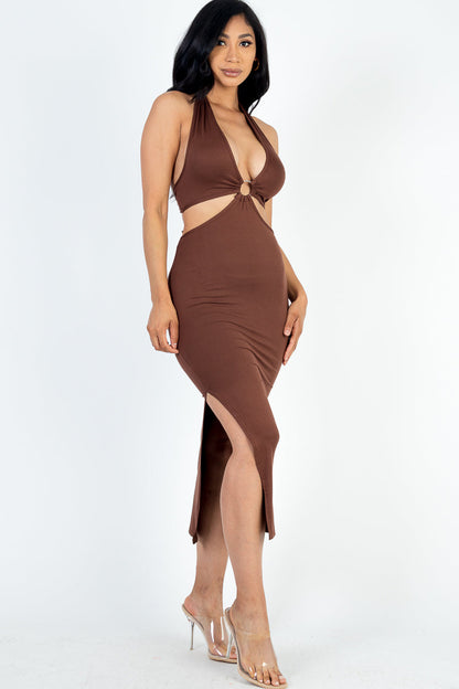 Cut-out Halter Neck Double Back Tie Split Thigh Midi Dress - Capella Apparel