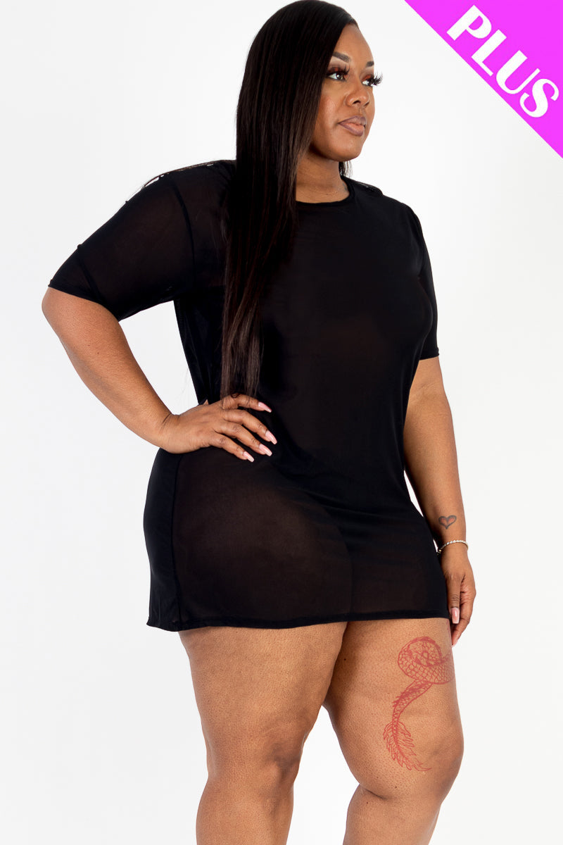 Plus Size Sexy Sheer Mesh T-Shirt Short Sleeve Mini Dress - Capella Apparel