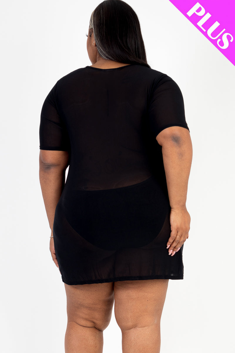 Plus Size Sexy Sheer Mesh T-Shirt Short Sleeve Mini Dress - Capella Apparel