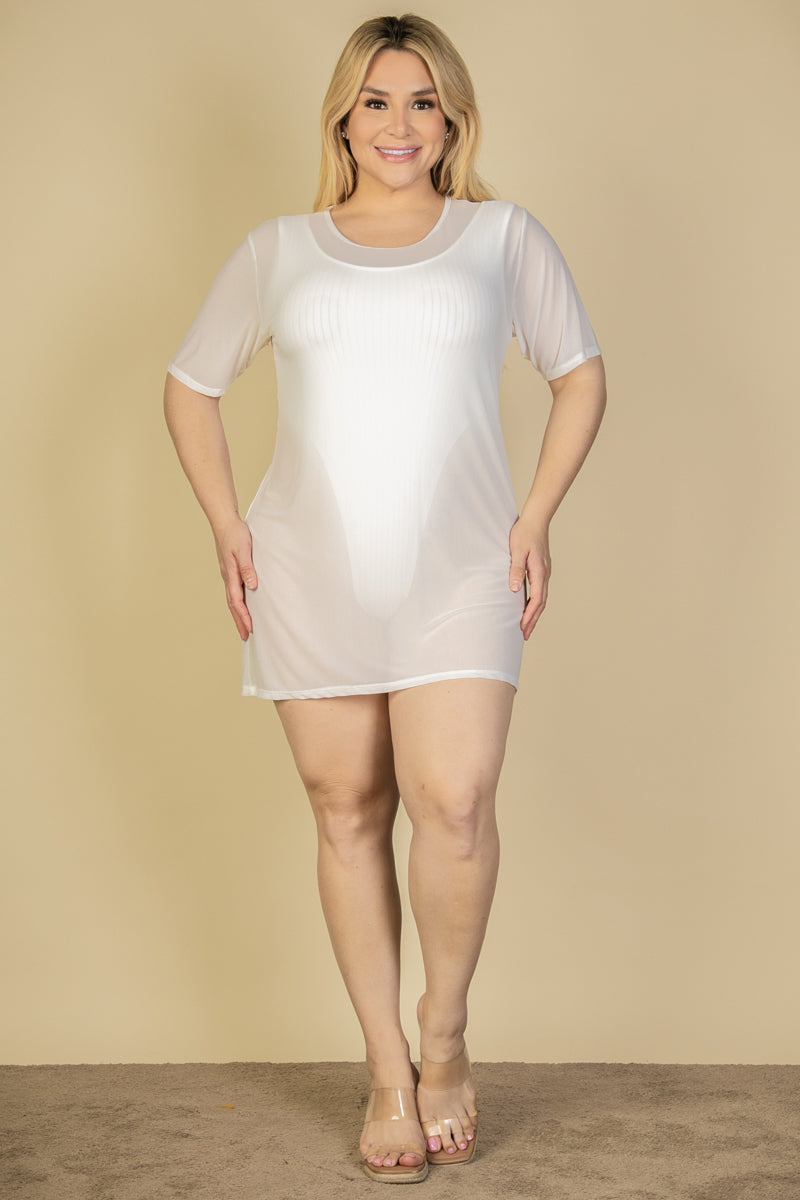 Plus Size Sexy Sheer Mesh T-Shirt Short Sleeve Mini Dress - Capella Apparel