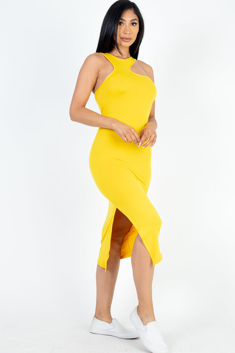 Asymmetrical Neck Cut Out Split Thigh Bodycon Midi Dress - Capella Apparel