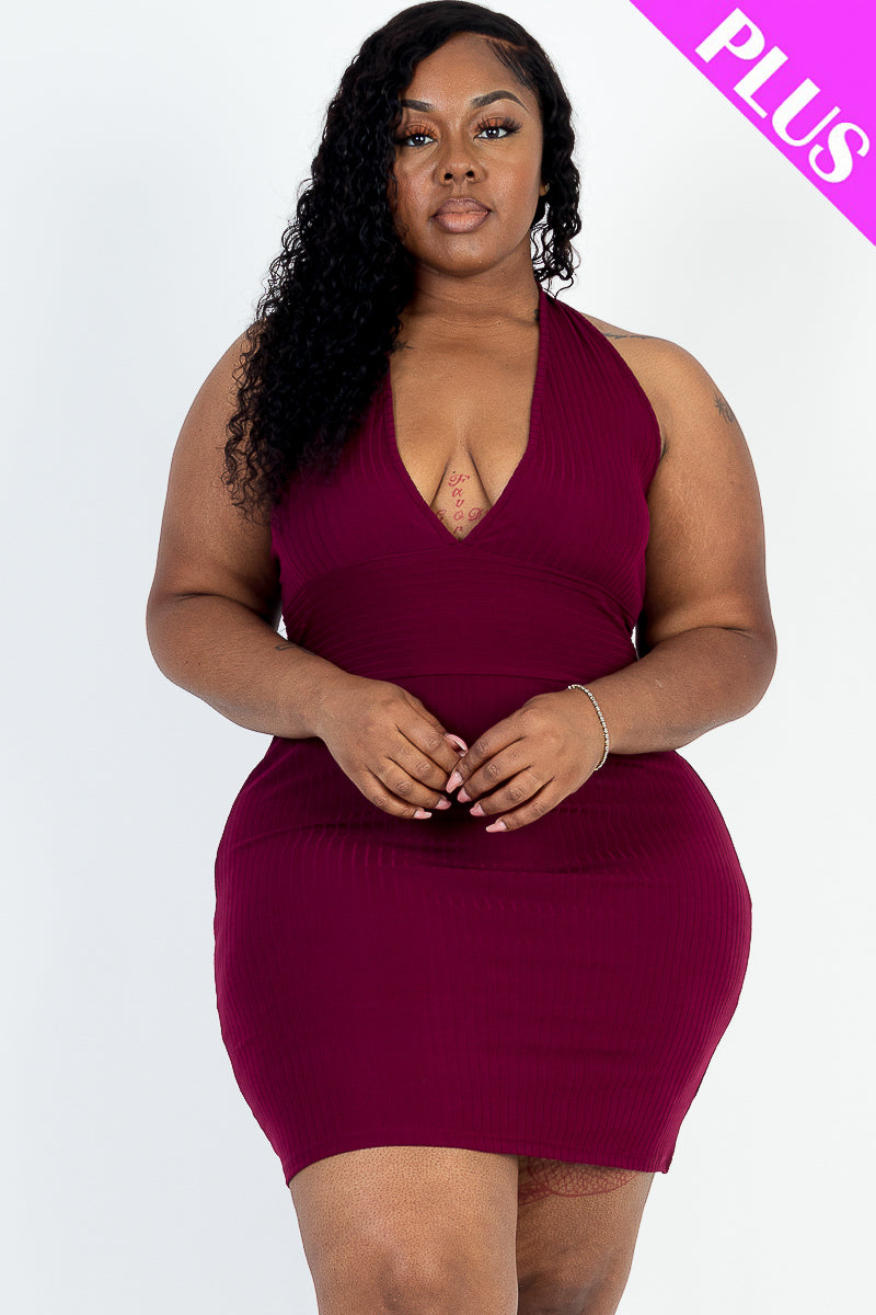 Plus Size Ribbed Halter Top Bodycon Mini Dress - Capella Apparel