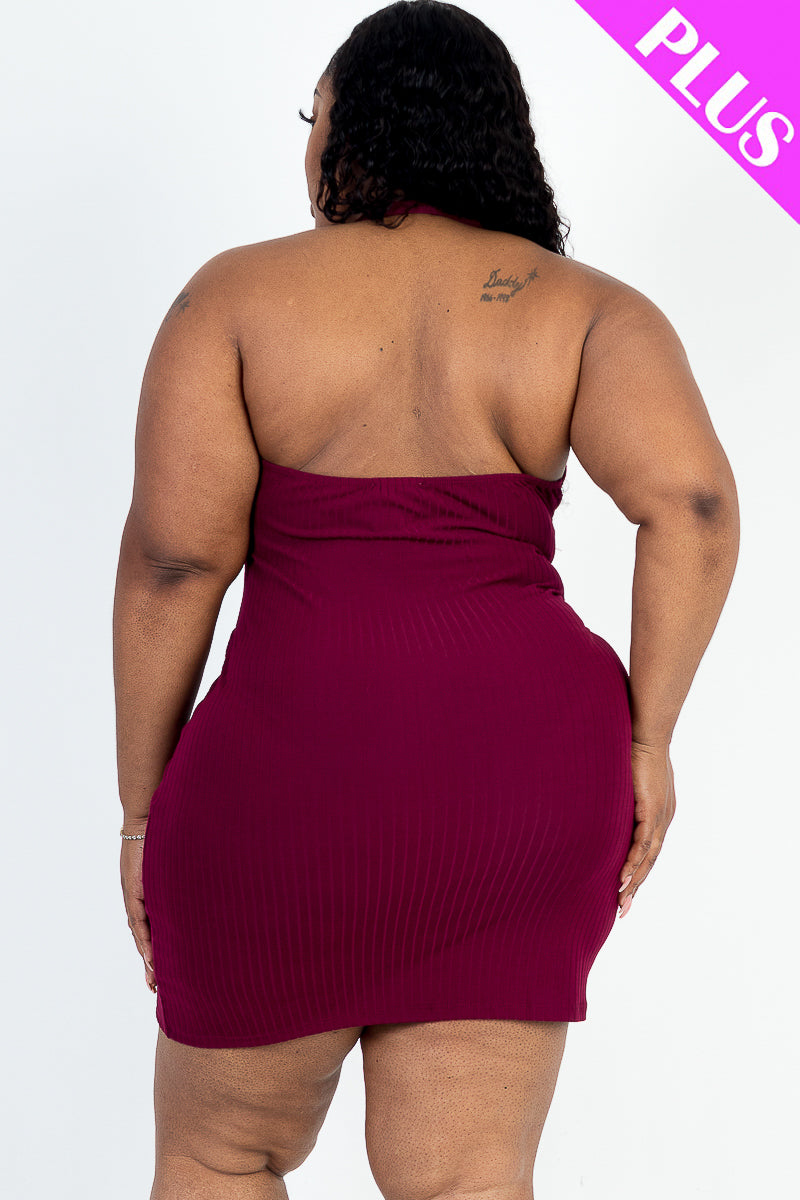 Plus Size Ribbed Halter Top Bodycon Mini Dress - Capella Apparel