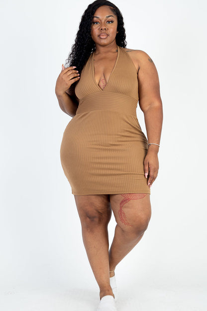 Plus Size Ribbed Halter Top Bodycon Mini Dress - Capella Apparel