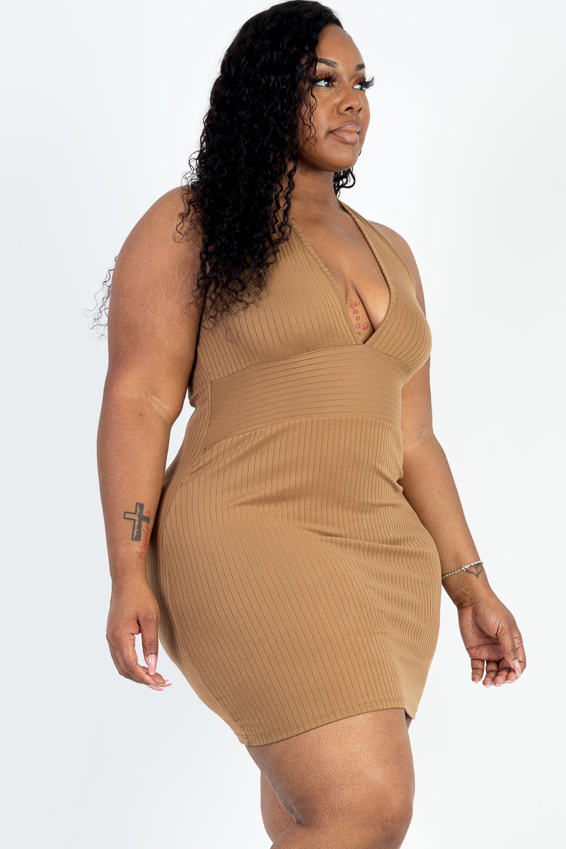 Plus Size Ribbed Halter Top Bodycon Mini Dress - Capella Apparel