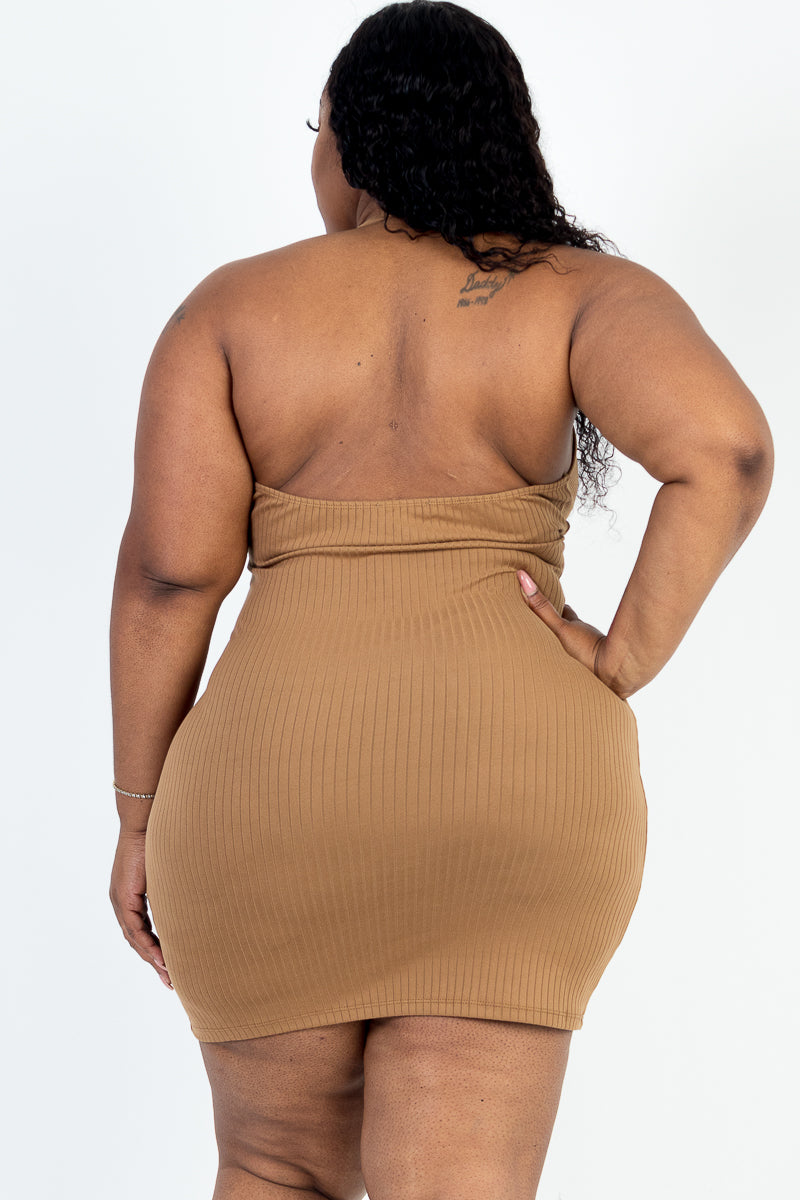 Plus Size Ribbed Halter Top Bodycon Mini Dress - Capella Apparel