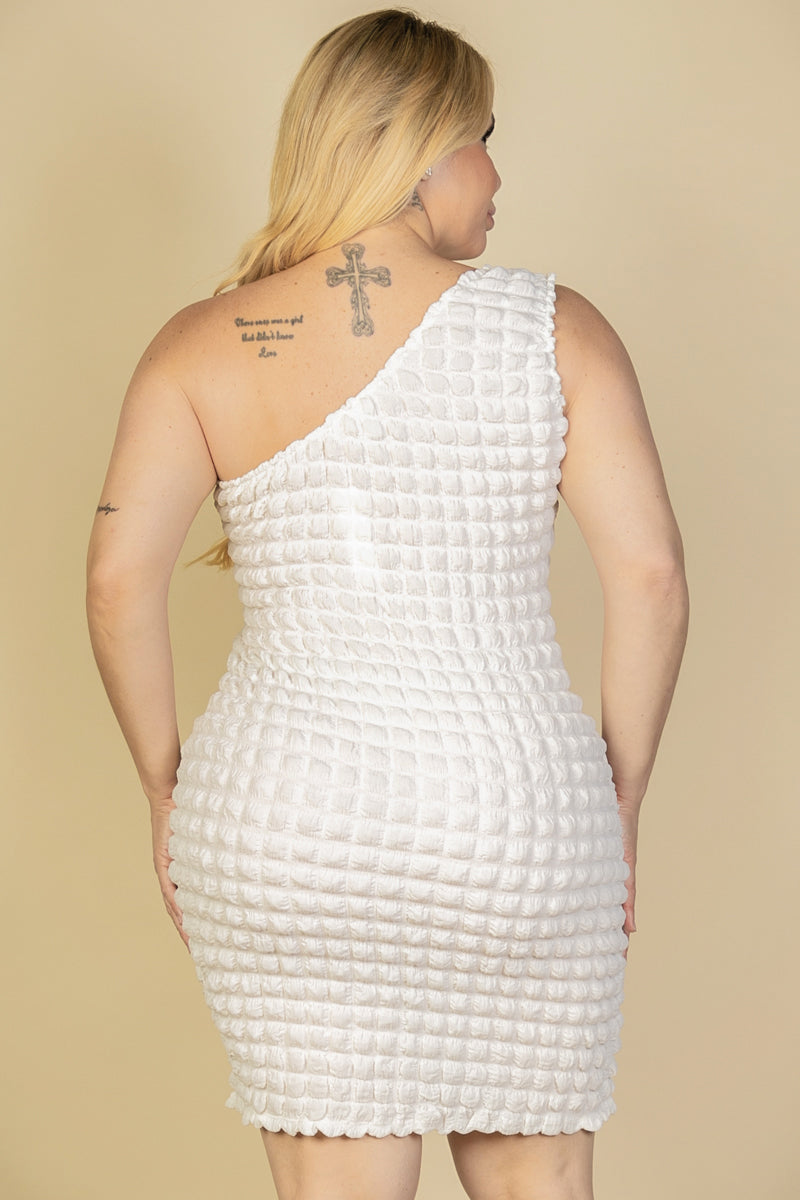 Plus Size Bubble Fabric One Shoulder Bodycon Mini Dress - Capella Apparel